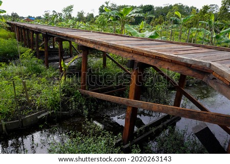 The bridge road technology uses beams and iron wood planks in swamps and mud. This photo is suitable for the purpose of designing bridges or roads with beautiful nature in the tropics area