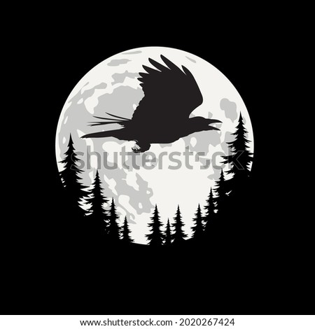 Flying crow silhouette, on moonlight background