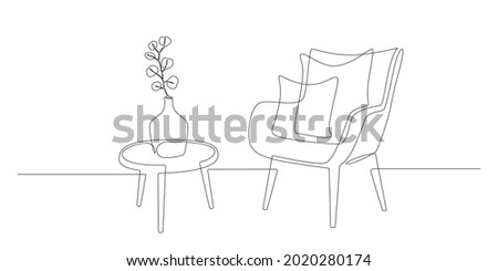 Continuous one line drawing of armchair and table with vase with plant. Scandinavian stylish furniture in simple Linear style. Doodle vector illustration Royalty-Free Stock Photo #2020280174