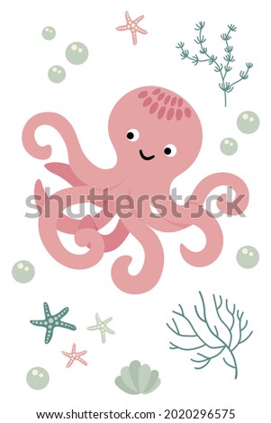 Postcard with cute hand drawn octopus. White background, isolate. Vector illustration.
