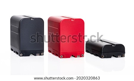 NP-F Batteries Battery. Red NP-F Battery Large Form Black NP-F Batteries Large and Small Form Batteries for Video Lights and Camcorders etc. Rechargeable Batteries with Clipping Paths in JPEG