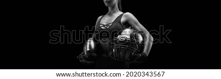 No name portrait of woman with ball and helmet for playing American football. Sports concept. Mixed media