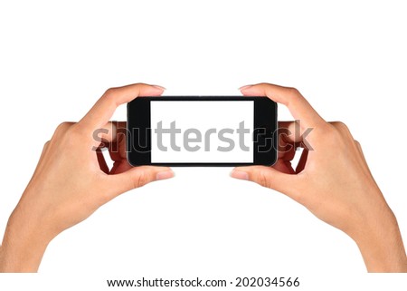 hand taking camera from mobile phone isolated white Royalty-Free Stock Photo #202034566