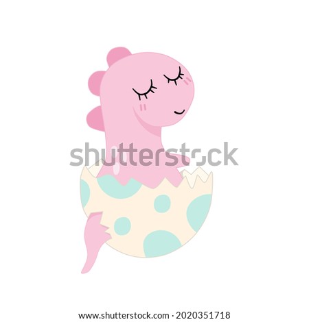 cute baby pink dino in cracked eggshell isolated on a white background. minimal flat cartoon illustration. vector.