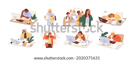 Set of busy people in stress and fatigue at work. Employees overloaded with business tasks. Office workers in anger and anxiety. Burnout concept. Flat graphic vector illustration isolated on white Royalty-Free Stock Photo #2020375631