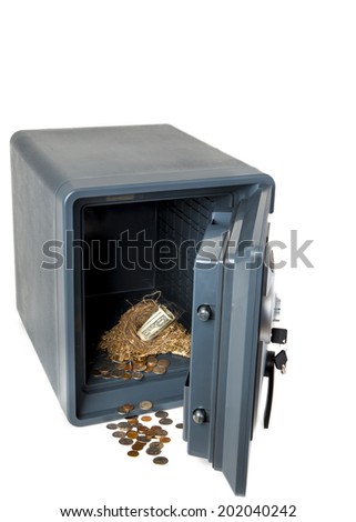 Picture of Fireproof Safe On White Background Picture of Isolated Fireproof Safe On White Background With Coins, Money and Retirement Nest,  Safe and Sound
