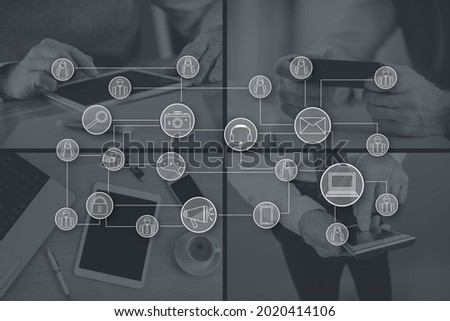 Social media network concept illustrated by pictures on background