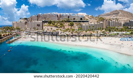 Aerial view with Anfi beach and resort, Gran Canaria, Spain Royalty-Free Stock Photo #2020420442
