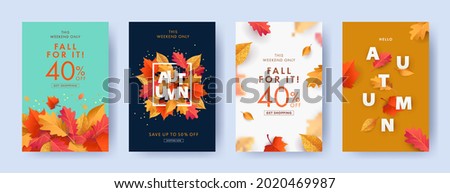 Autumn Sale background, banner, or flyer design. Set of colorful autumn posters with bright beautiful leaves frame, paper cut style letters and lettering. Template for advertising, web, social media Royalty-Free Stock Photo #2020469987