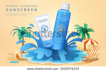 3d summer sunscreen ad template. Cosmetic product mock-ups flying on paper cut water splashes with beach theme decoration. Concept of water resistance. Royalty-Free Stock Photo #2020476224