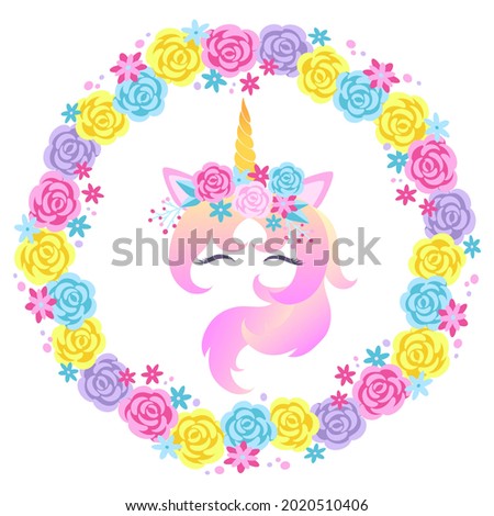 Vector unicorn face with closed eyes and a wreath of flowers.