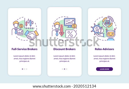 Broker types onboarding mobile app page screen with concepts. Full service, discount stockbrokers walkthrough 3 steps graphic instructions. UI, UX, GUI vector template with linear color illustrations Royalty-Free Stock Photo #2020512134