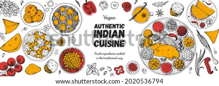 Indian food illustration. Hand drawn sketch. Indian cuisine. Vector illustration. Menu background. Engraved style Royalty-Free Stock Photo #2020536794