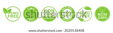 Non GMO labels. GMO free icons. Healthy food concept. Organic cosmetic. No GMO design elements for tags, product package. Eco, vegan, bio. Beauty product. Sustainable life. Vector illustration.