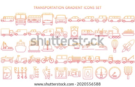 Public transport outline gradation icon set, transportation symbol illustration. cars, trains, boats, trucks, planes, balloons. Used for concepts, web, UI, UX kits and modern applications