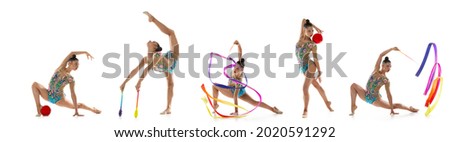 Motion development. Young female rhythmic gymnast training isolated over white background. Concept of sport, competition, action, healthy lifestyle. Copy space for ad.