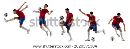 Movement development. Young male footballer training isolated over white background. Concept of sport, competition, action, healthy lifestyle. Copy space for ad.