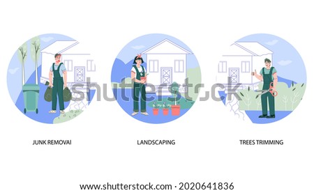 Gardening services banners set including trees trimming, landscaping and junk removal. Professional garden care and maintenance, cartoon flat vector illustration isolated on white.