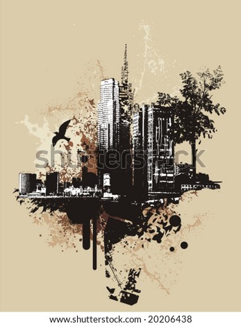 Cityscape background with grunge elements, vector illustration.