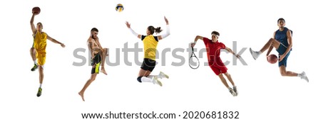 Action, motion. Tennis, volleyball and basketball players, multiethnic sportsmen, athletes isolated on white studio background. Concept of sport, competition, movements, achievements Collage