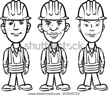 whiteboard drawing - three cartoon workers various ethnicity