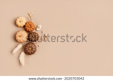Composition of handmade plaster pumpkins. Autumn seasonal holidays background in natural colors. DIY craft gypsum pumpkins for helloween, thanksgiving, fall decoration