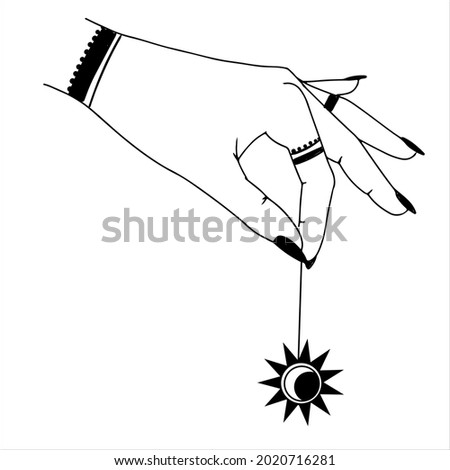 Woman hands, moon, sacred geometry stars isolated. The object of spiritual occultism. Vector illustration in black outline style. Esoteric mystical magic.