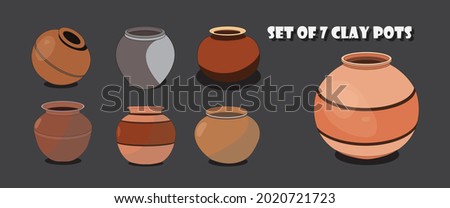 vector illustration of a set of seven clay pots with black color outline and colored with shades of brown. vector arts of earthenware used for cooking or decorations produced by pottery  Royalty-Free Stock Photo #2020721723