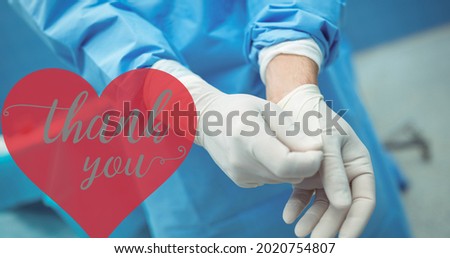 Animation of thank you text over doctor wearing medical gloves. positive awareness campaign concept digitally generated video.