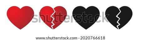 Red and black heart icon set and heartbreak broken heart or divorce flat vector icon for apps and websites