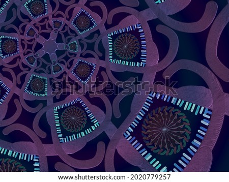 A 3d hand drawing pattern made of purple and turquoise on a black background 