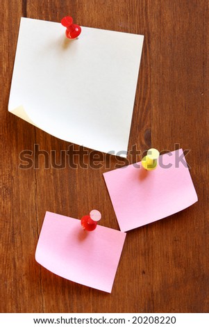 Three blank note papers attached to a wooden wall