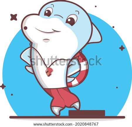 Cute dolphins lifeguard on guard cartoon illustrations suitable for illustration of children`s books, stickers and other needs