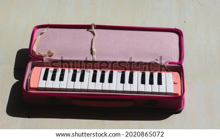 A Melodion (blown piano) pink color. For school extracurriculars and music lessons.