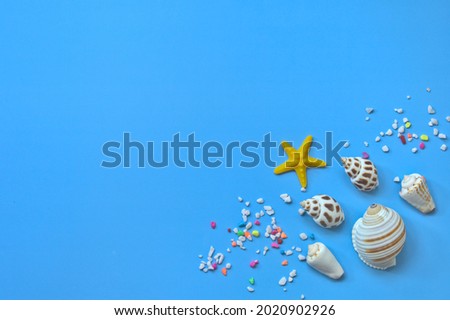 A corner of a blue background filled with seashells, a starfish, and colorful pebbles, copy space