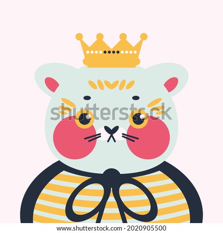 Cute cat in a raincoat and with a crown on his head. Children's illustration.