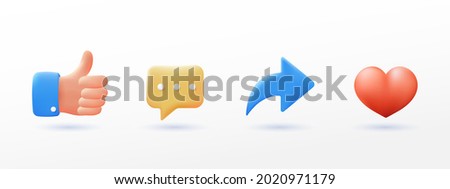 social media icon set thumbs, comment, share and love 3d style Royalty-Free Stock Photo #2020971179