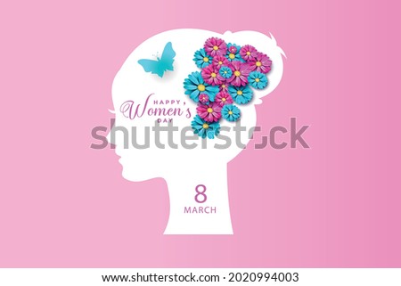 Happy Women Day greeting card. Women history month, vector illustration poster. Elegant greeting card design with illustration of young girl for Happy Women's Day celebration. Happy Women's Day