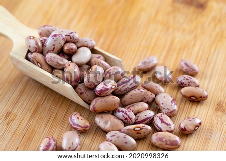 Raw Organic cranberry bean on wooden background.