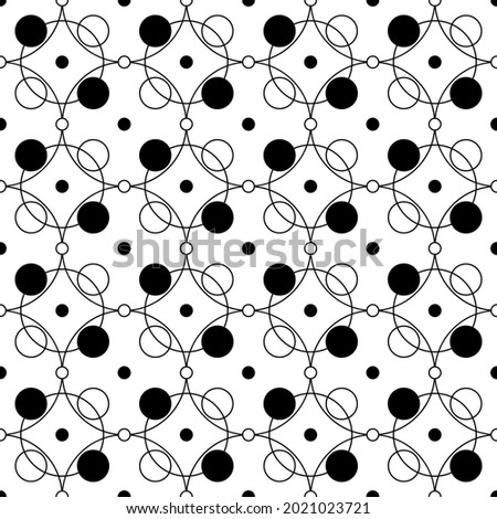 Connected circles ornament. Black and white dots. Vector lace pattern. Seamless wallpaper with rounded geometric shapes.