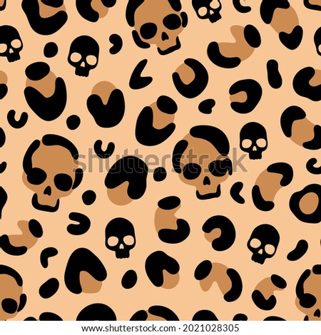 Skull leopard print. Camouflage leopard vector seamless pattern on beige background. Leopard skin texture. Halloween pattern.