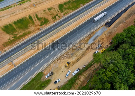 Aerial view of the road under construction, 85 highway reconstruction in South Carolina USA Royalty-Free Stock Photo #2021029670