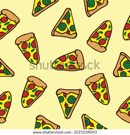 seamless pattern with pizza slices illustration on yellow background. hand drawn vector. fast food icon, american food. pepperoni pizza with cheese. doodle art for wallpaper, backdrop, wrapping paper.