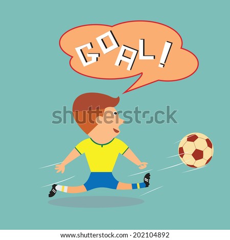 Soccer football in yellow blue trunk kicking ball with goal word in speech balloon
