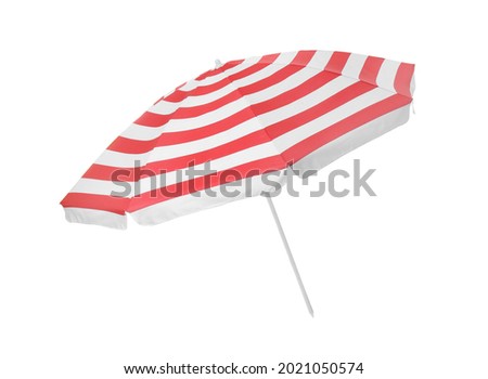 Open red striped beach umbrella isolated on white Royalty-Free Stock Photo #2021050574
