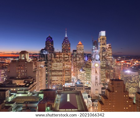 Philadelphia, Pennsylvania, USA downtown city skyline at dusk.