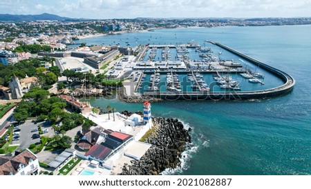 Aerial view from Santa Marta light house and Cascais marina with Cascais cityscape Royalty-Free Stock Photo #2021082887