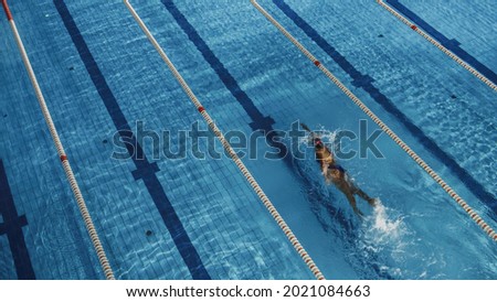 Beautiful Female Swimmer in Swimming Pool. Professional Athlete Gracefully Swims at Full Speed. Woman Determined to Win the Championship and Set World Record. Aerial Shot