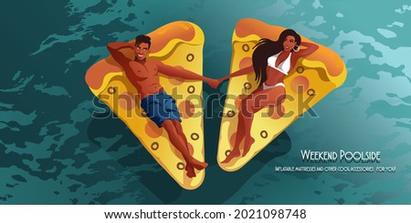 Young couple sunbathing on inflatable pizza mattresses in the pool. Vector illustration for landing page mockup or flat design advertising banner.