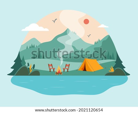 Camping concept art. Flat style illustration of beautiful landscape, lake, mountains, forest, tent, and a campfire. Design for banner, poster, website, emblem, logo and others. Royalty-Free Stock Photo #2021120654